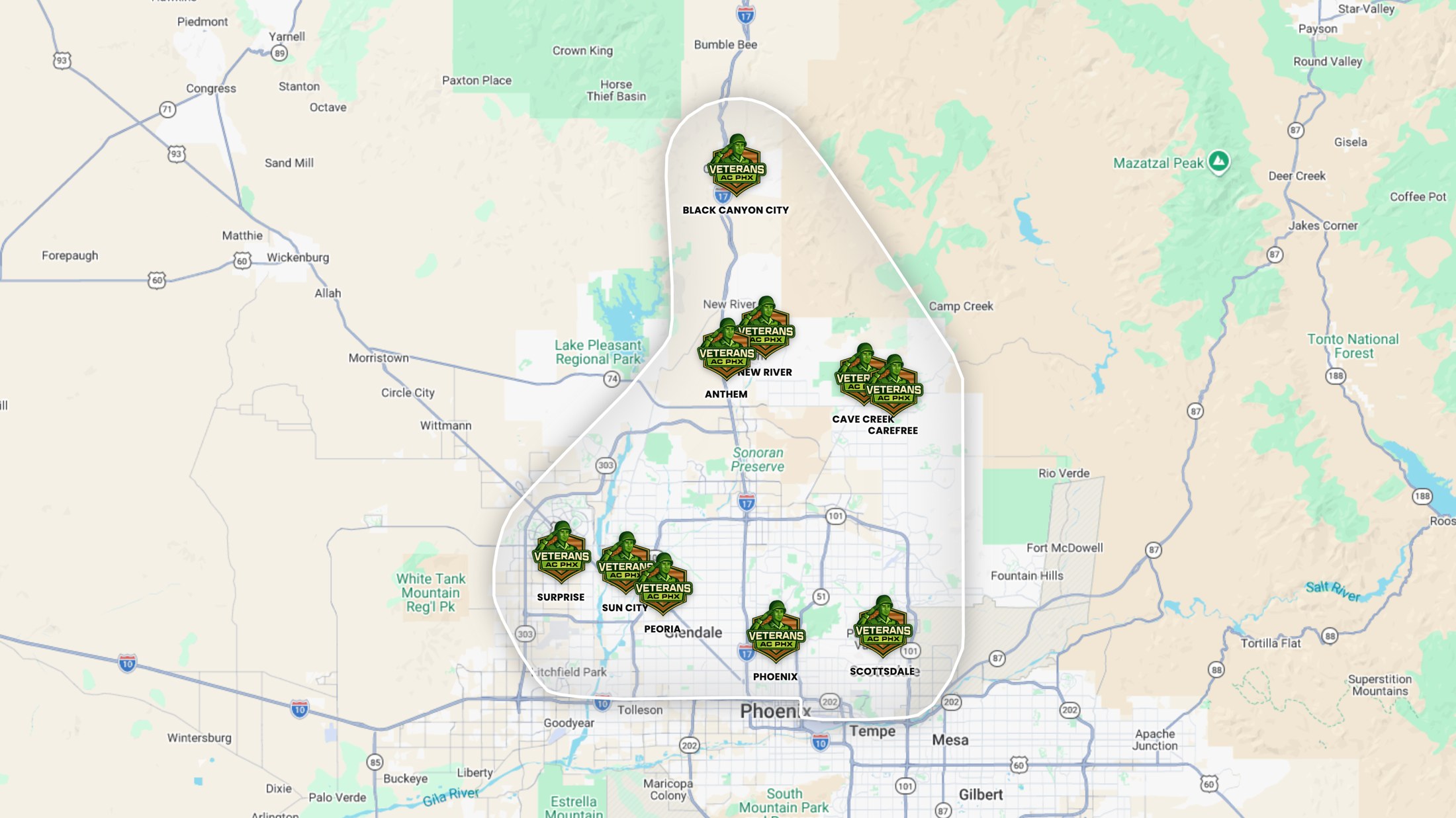 Veterans AC PHX service area map across the Phoenix valley